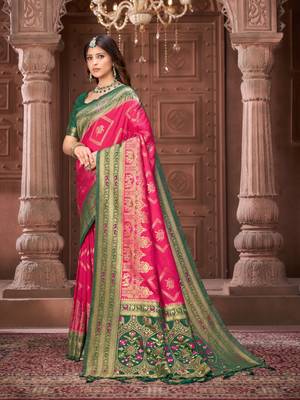 Pink zari woven pashmina silk blend designer green border heavy saree with fancy blouse 3