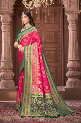 Pink zari woven pashmina silk blend designer green border heavy saree with fancy blouse