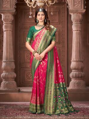 Pink zari woven pashmina silk blend designer green border heavy saree with fancy blouse 4