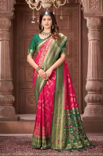 Pink zari woven pashmina silk blend designer green border heavy saree with fancy blouse