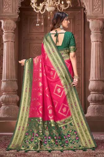 Pink zari woven pashmina silk blend designer green border heavy saree with fancy blouse