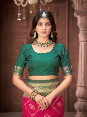 Pink zari woven pashmina silk blend designer green border heavy saree with fancy blouse 6