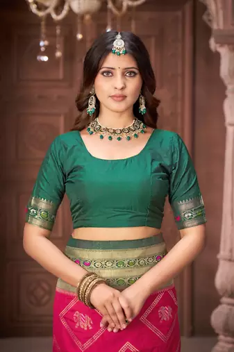 Pink zari woven pashmina silk blend designer green border heavy saree with fancy blouse