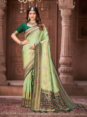Pista zari woven pashmina silk blend designer green border heavy saree with fancy blouse 1