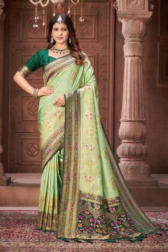 Pista zari woven pashmina silk blend designer green border heavy saree with fancy blouse