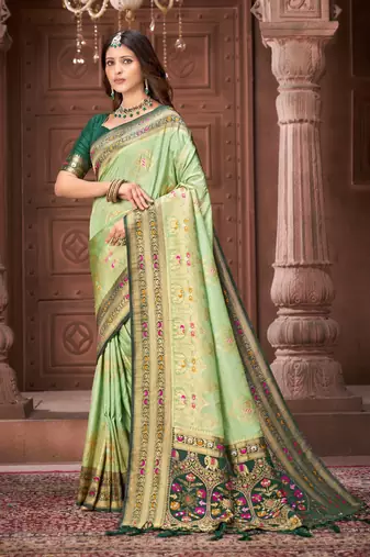 Pista zari woven pashmina silk blend designer green border heavy saree with fancy blouse