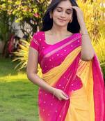 Yellow-Pink Viscose Satin Patta Saree