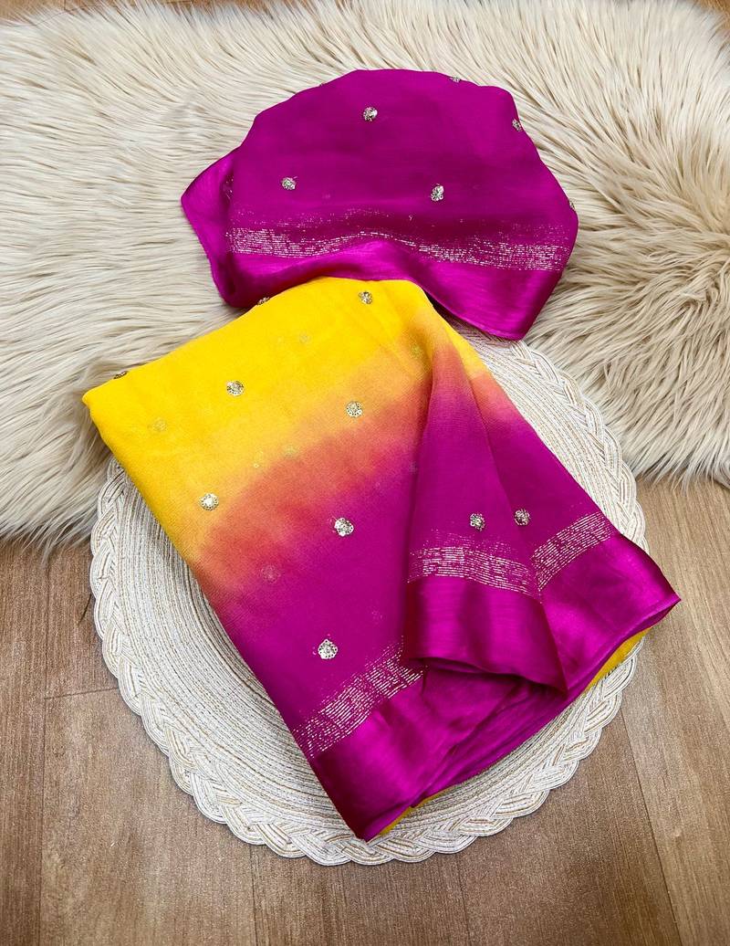 Yellow-Pink Viscose Satin Patta Saree