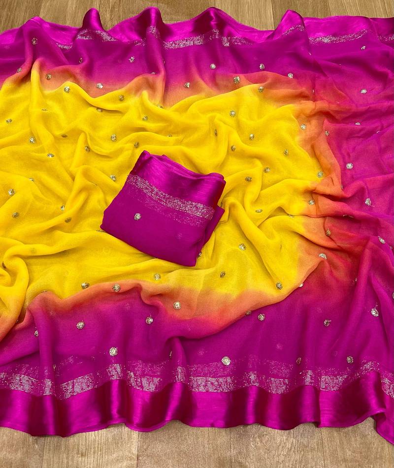 Yellow-Pink Viscose Satin Patta Saree