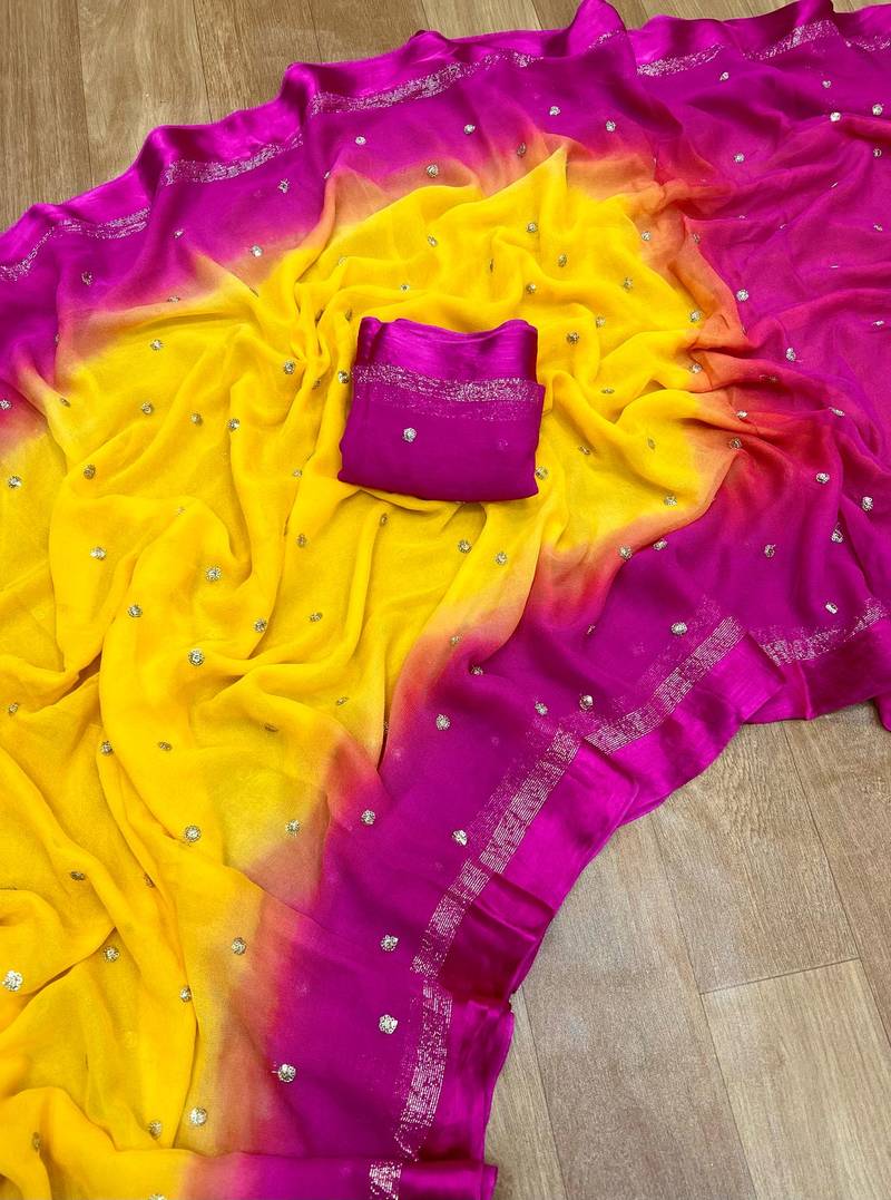 Yellow-Pink Viscose Satin Patta Saree