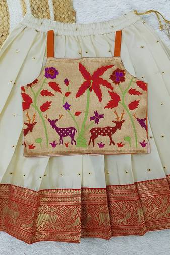 Baby Girls Readymade South Indian Pattu Pavadai Orange Lehenga Choli Set For Kids