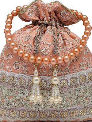 dangle peach parfait & golden floral embroidered faux silk potli 8