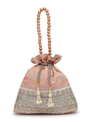 dangle peach parfait & golden floral embroidered faux silk potli 10