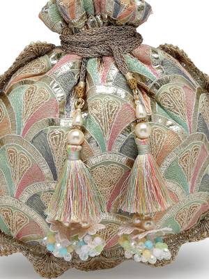 dangle champagne gold & pastel multi scale embroidered georgette potli 8