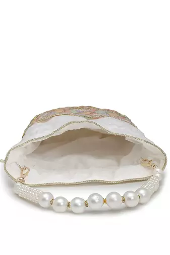 dangle white & multi lace embellished faux silk potli