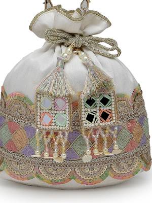 dangle white & multi lace embellished faux silk potli 8