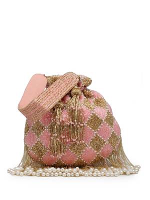 droop baby pink & gold diamond embellished velvet potli 11