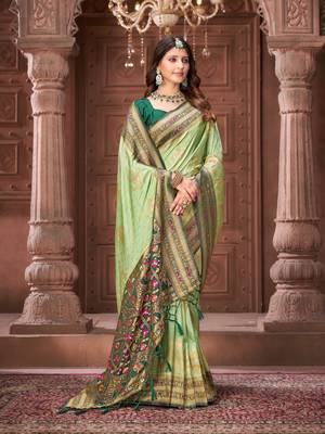 Pista zari woven pashmina silk blend designer green border heavy saree with fancy blouse 4