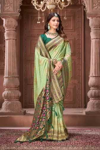 Pista zari woven pashmina silk blend designer green border heavy saree with fancy blouse