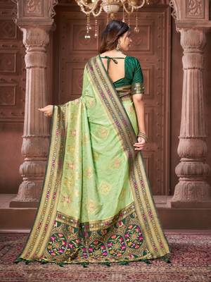 Pista zari woven pashmina silk blend designer green border heavy saree with fancy blouse 5