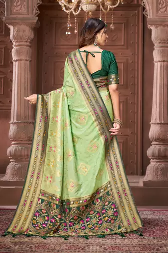 Pista zari woven pashmina silk blend designer green border heavy saree with fancy blouse