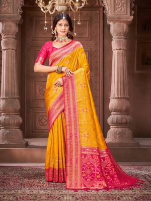 Yellow zari woven pashmina silk blend designer pink border heavy saree with fancy blouse 1