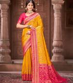 Yellow zari woven pashmina silk blend designer pink border heavy saree with fancy blouse