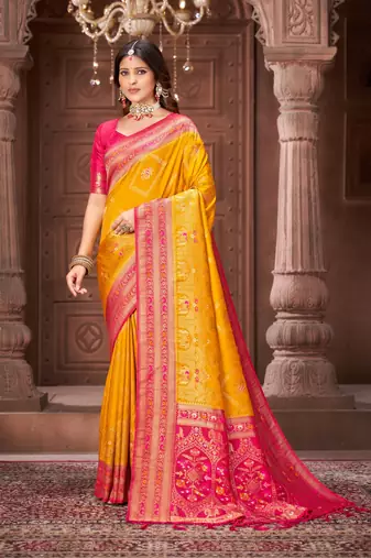 Yellow zari woven pashmina silk blend designer pink border heavy saree with fancy blouse