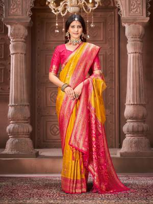 Yellow zari woven pashmina silk blend designer pink border heavy saree with fancy blouse 4