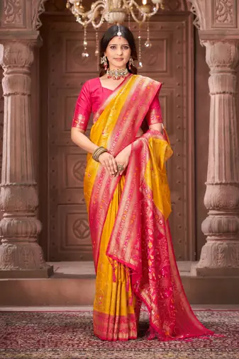 Yellow zari woven pashmina silk blend designer pink border heavy saree with fancy blouse