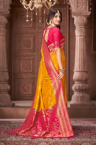 Yellow zari woven pashmina silk blend designer pink border heavy saree with fancy blouse