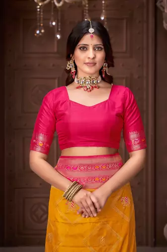 Yellow zari woven pashmina silk blend designer pink border heavy saree with fancy blouse