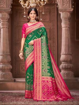 Green zari woven pashmina silk blend designer pink border heavy saree with fancy blouse 1