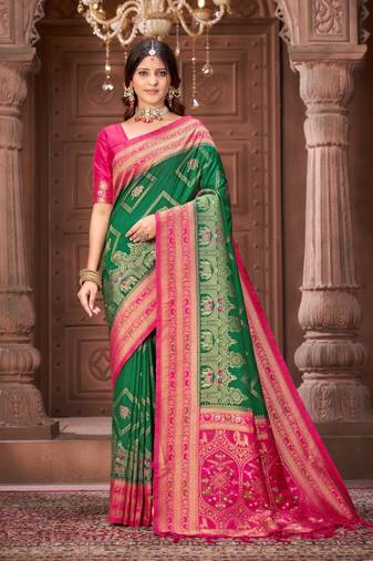 Green zari woven pashmina silk blend designer pink border heavy saree with fancy blouse