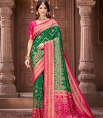 Green zari woven pashmina silk blend designer pink border heavy saree with fancy blouse