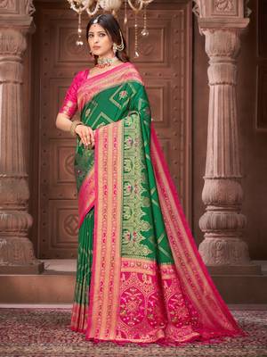 Green zari woven pashmina silk blend designer pink border heavy saree with fancy blouse 3