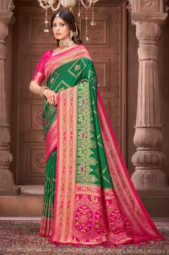 Green zari woven pashmina silk blend designer pink border heavy saree with fancy blouse