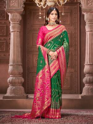 Green zari woven pashmina silk blend designer pink border heavy saree with fancy blouse 4