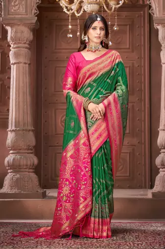 Green zari woven pashmina silk blend designer pink border heavy saree with fancy blouse