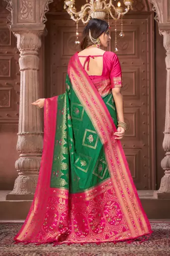 Green zari woven pashmina silk blend designer pink border heavy saree with fancy blouse