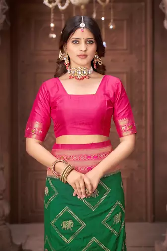 Green zari woven pashmina silk blend designer pink border heavy saree with fancy blouse