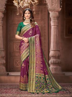 Purple zari woven pashmina silk blend designer green border heavy saree with fancy blouse 1