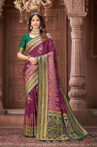 Purple zari woven pashmina silk blend designer green border heavy saree with fancy blouse