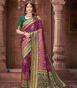 Purple zari woven pashmina silk blend designer green border heavy saree with fancy blouse
