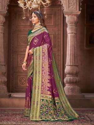 Purple zari woven pashmina silk blend designer green border heavy saree with fancy blouse 3