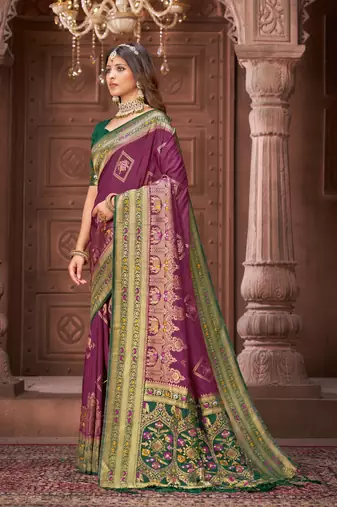 Purple zari woven pashmina silk blend designer green border heavy saree with fancy blouse