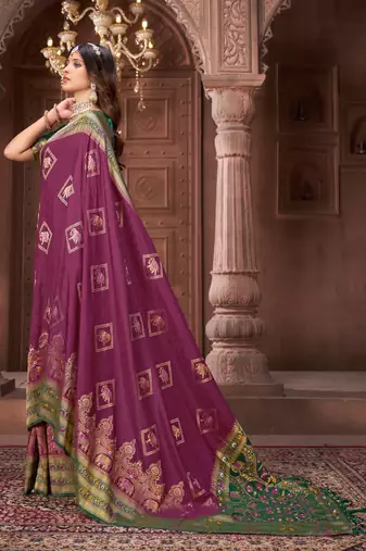 Purple zari woven pashmina silk blend designer green border heavy saree with fancy blouse