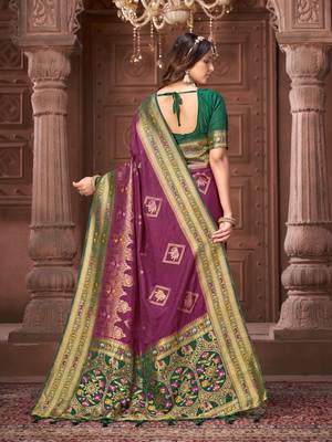 Purple zari woven pashmina silk blend designer green border heavy saree with fancy blouse 5