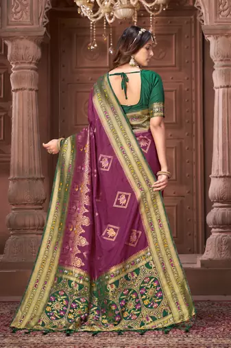 Purple zari woven pashmina silk blend designer green border heavy saree with fancy blouse
