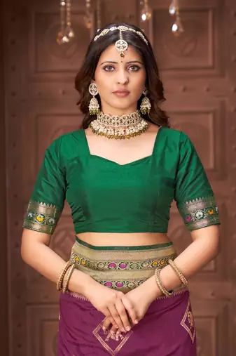 Purple zari woven pashmina silk blend designer green border heavy saree with fancy blouse
